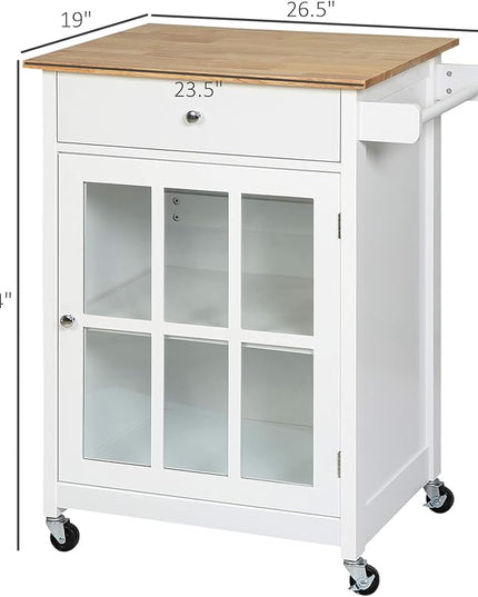 HOMCOM 27" Rolling Kitchen Island Cart with Drawer and Glass Door Cabinet, Kitchen Trolley with Adjustable Shelf and Towel Rack, White - LeafyLoom