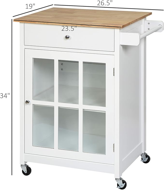 HOMCOM 27" Rolling Kitchen Island Cart with Drawer and Glass Door Cabinet, Kitchen Trolley with Adjustable Shelf and Towel Rack, White - LeafyLoom