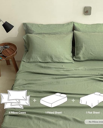 Simple&Opulence 100% Linen Sheet Set Solid Color- 6 Pcs Washed French Flax Bed Sheets (1 Flat Sheet, 1 Fitted Sheet, 4 Pillowcases) - Breathable Home Collection (Basic Sage Green, Queen) - LeafyLoom