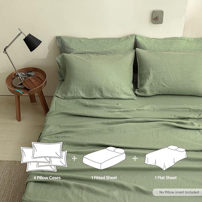 Simple&Opulence 100% Linen Sheet Set Solid Color- 6 Pcs Washed French Flax Bed Sheets (1 Flat Sheet, 1 Fitted Sheet, 4 Pillowcases) - Breathable Home Collection (Basic Sage Green, Queen) - LeafyLoom