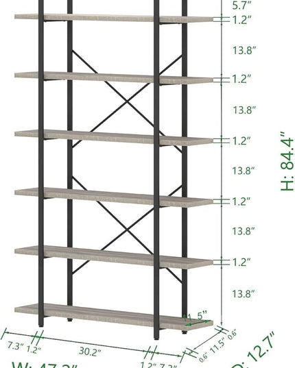 HSH 6 Tier Tall Bookshelf, Wood and Metal Vertical Display Book Shelf, Industrial 6 Shelf Bookcases and Book Shelves Storage Rack, Large Open Book Case for Bedroom Living Room Office, Light Grey Oak - LeafyLoom