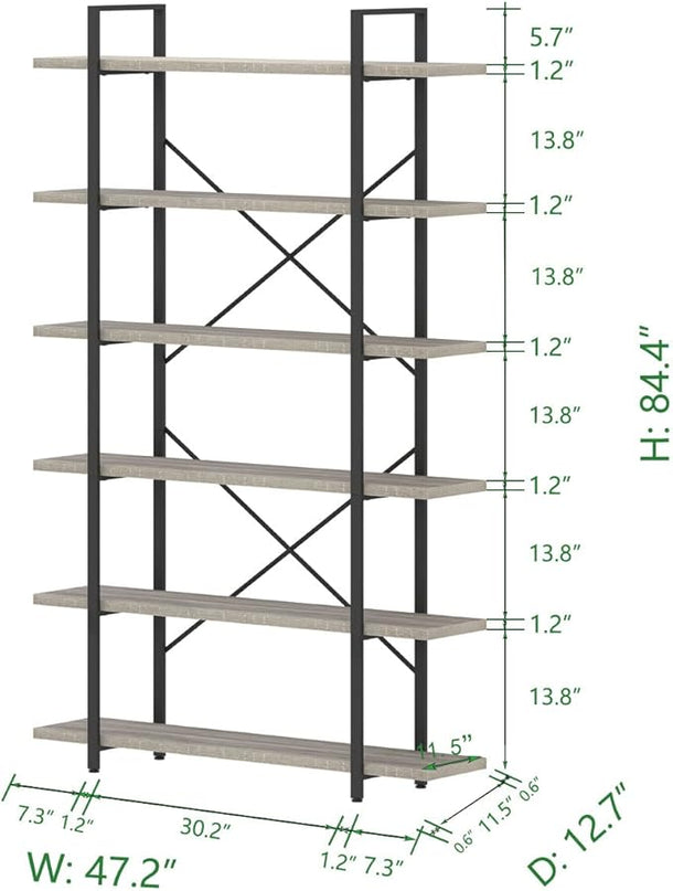 HSH 6 Tier Tall Bookshelf, Wood and Metal Vertical Display Book Shelf, Industrial 6 Shelf Bookcases and Book Shelves Storage Rack, Large Open Book Case for Bedroom Living Room Office, Light Grey Oak - LeafyLoom