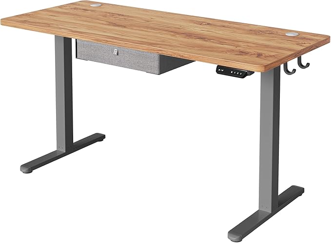 FEZIBO Standing Desk with Drawer, 55 x 24 Inches Adjustable Height Electric Stand up Desk with Storage, Sit Stand Home Office Desk, Light Rustic/Grey Frame - LeafyLoom