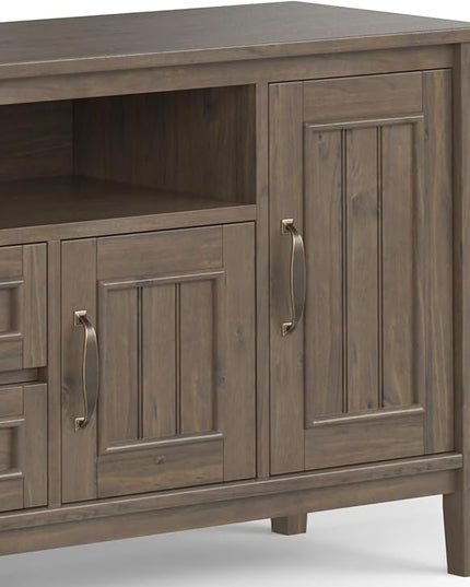 SIMPLIHOME Lev SOLID WOOD 72 Inch Wide Contemporary TV Media Stand in Smoky Brown for TVs up to 80 Inches, For the Living Room and Entertainment Center - LeafyLoom