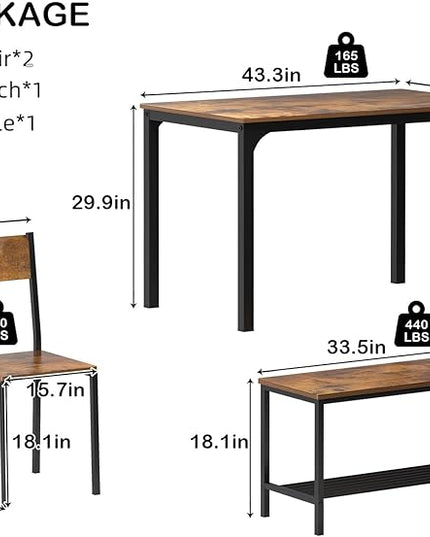 sogesfurniture 4-Piece Dining Table Set with 1 Bench and 2 Chairs, Kitchen Bench Table Set for 4, Wooden Kitchen Table and Chairs for Limited Space,Rustic Brown - LeafyLoom