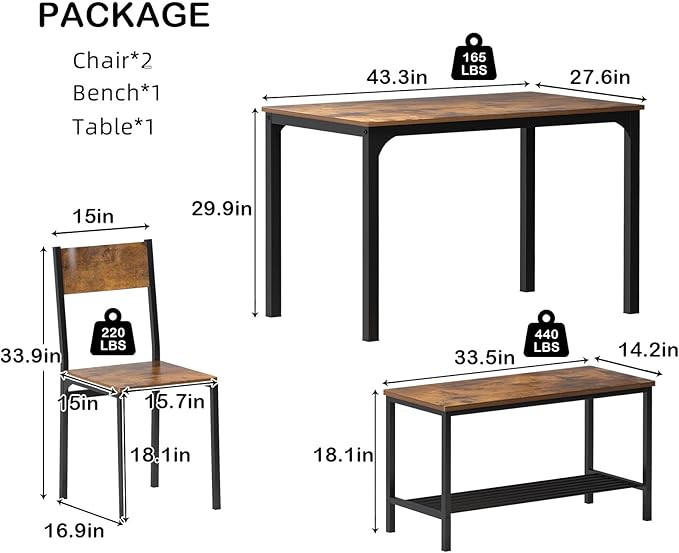 sogesfurniture 4-Piece Dining Table Set with 1 Bench and 2 Chairs, Kitchen Bench Table Set for 4, Wooden Kitchen Table and Chairs for Limited Space,Rustic Brown - LeafyLoom