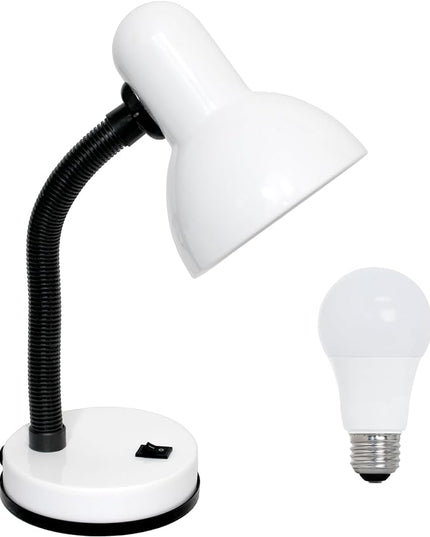 Simple Designs LD1003-WHT-LB 14.25" Basic Metal Desk Lamp with Flexible Hose Neck for Office, Living Room, Bedroom, College Dorm, Bookshelf, White, with Feit LED Bulb Included - LeafyLoom