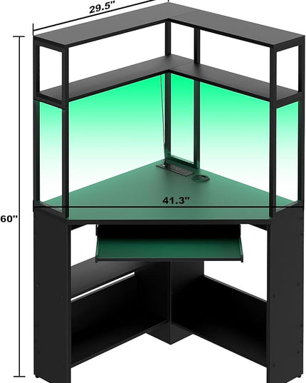 Cyclysio Small Corner Desk with Hutch, Heavy Duty Corner Computer Desk with Power Outlets & LED Light, Triangle Corner Gaming Desk with Keyboard Tray for Home Office, Small Space, Workstation Black - LeafyLoom