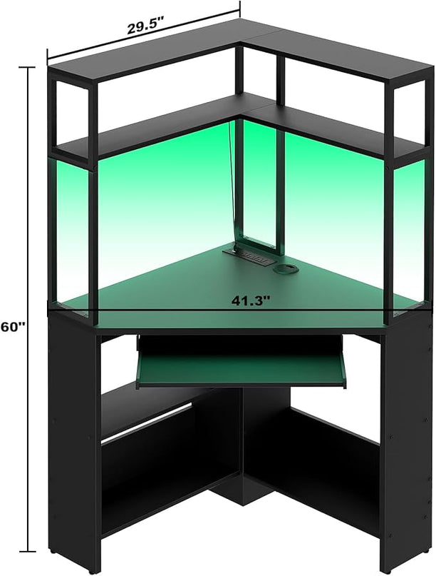 Cyclysio Small Corner Desk with Hutch, Heavy Duty Corner Computer Desk with Power Outlets & LED Light, Triangle Corner Gaming Desk with Keyboard Tray for Home Office, Small Space, Workstation Black - LeafyLoom