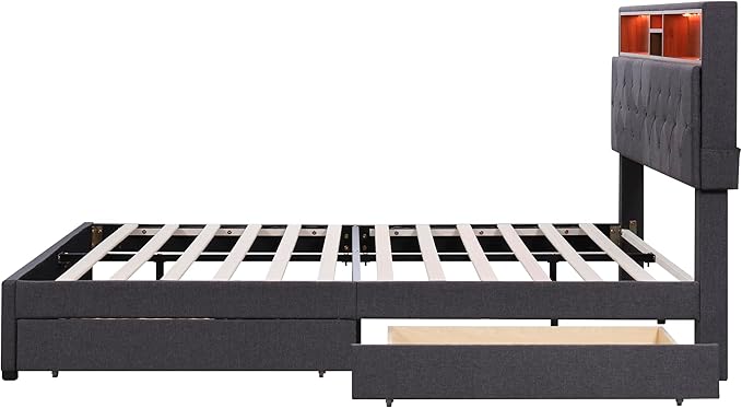 Queen Size Bed Frame with LED Headboard, USB Charging, Upholstered Platform Bed with Storage Drawers and Headboard, No Box Spring Needed, Dark Gray - LeafyLoom