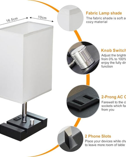 Fully Dimmable Nightstand Lamp for Bedroom with AC Outlet, Table Lamp with Two Phone Stands, Bedside Lamps, Desk Lamp for Bedroom, Living Room, LED Bulb Included White - LeafyLoom