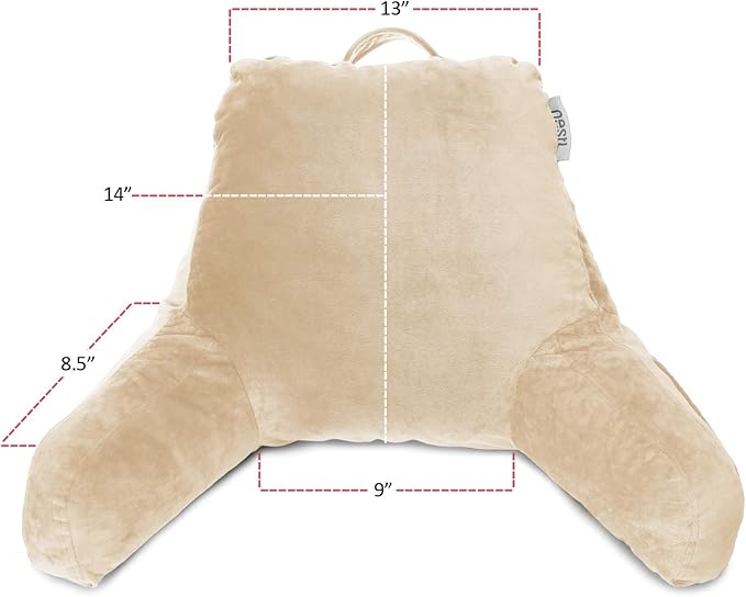 Nestl Reading Pillow with Portable Laptop Lap Desk, Velvet Feel Back Pillow for Sitting in Bed, Shredded Memory Foam Back Support Pillow for Bed, Bed Rest Pillow with Arms, Small - Cream - LeafyLoom