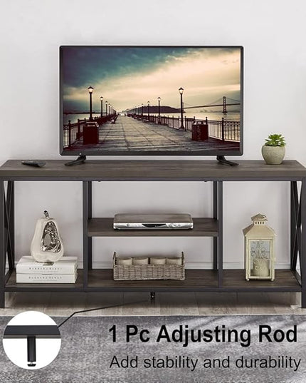 55 inch TV Stand for TV up to 65 inch, Rustic Wood and Metal Media TV Console Table for Living Room, Grey - LeafyLoom