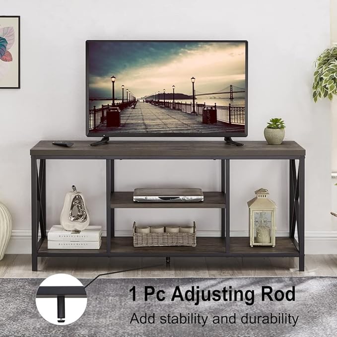 55 inch TV Stand for TV up to 65 inch, Rustic Wood and Metal Media TV Console Table for Living Room, Grey - LeafyLoom