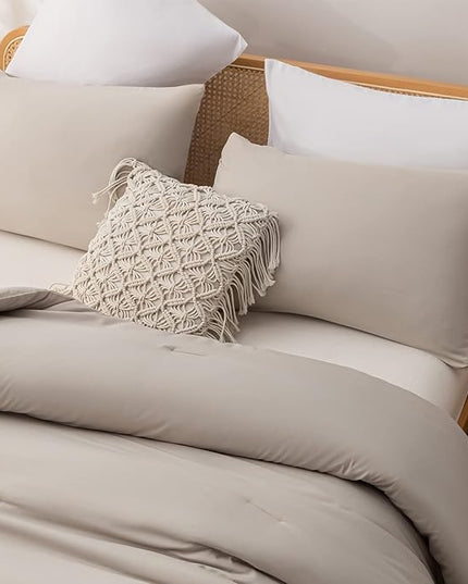 Queen Comforter Solid Color 3PCS Boho Bed Comforter Set Queen Size Tannish Grey Soft Lightweight Down Alternative Microfiber Comforter for All Season (1 Comforter, 2 Pillowcases) - LeafyLoom