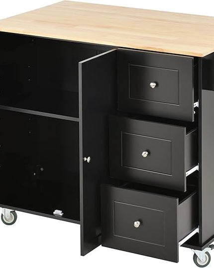 53" W Mobile Kitchen Island with Drop Leaf, Locking Wheels, Solid Wood Tabletop & Storage Cabinet and 3 Drawers, for Dining Room, Coffee Bar Service - LeafyLoom