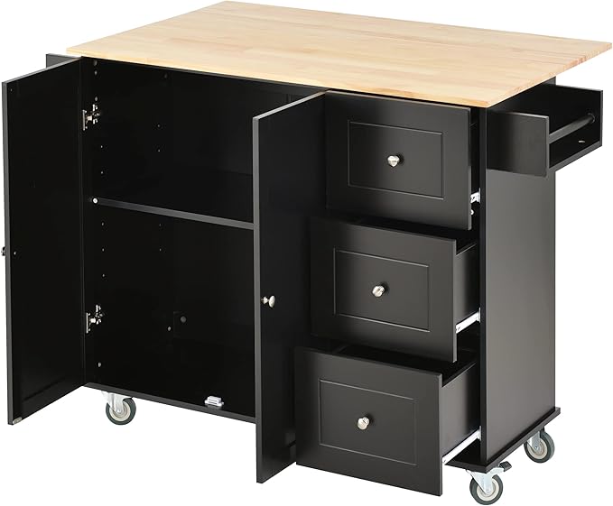 53" W Mobile Kitchen Island with Drop Leaf, Locking Wheels, Solid Wood Tabletop & Storage Cabinet and 3 Drawers, for Dining Room, Coffee Bar Service - LeafyLoom