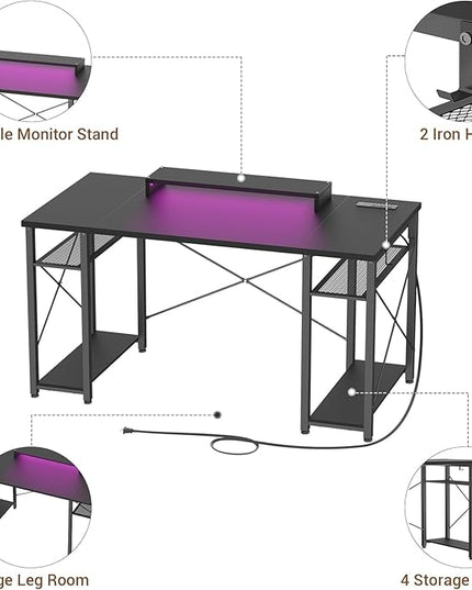 armocity Computer Desk with LED Lights, 55 Inch Desk with Power Outlet and USB, Reversible Large Desk with Moveable Monitor Stand, 55.2'' Gaming PC Table for Home Office, Workstation, Black - LeafyLoom