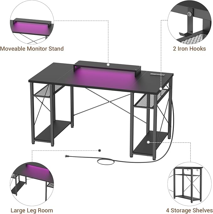 armocity Computer Desk with LED Lights, 55 Inch Desk with Power Outlet and USB, Reversible Large Desk with Moveable Monitor Stand, 55.2'' Gaming PC Table for Home Office, Workstation, Black - LeafyLoom