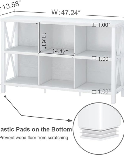 FATORRI 6 Cube Storage Organizer with Shelf, Long Wood and Metal Cubby Bookcase, Industrial Horizontal Bookshelf (White Oak, 47 Inch) - LeafyLoom