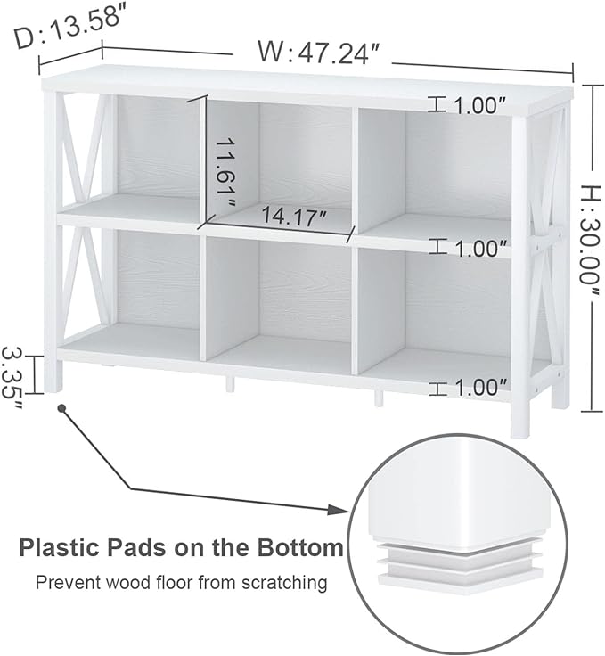FATORRI 6 Cube Storage Organizer with Shelf, Long Wood and Metal Cubby Bookcase, Industrial Horizontal Bookshelf (White Oak, 47 Inch) - LeafyLoom