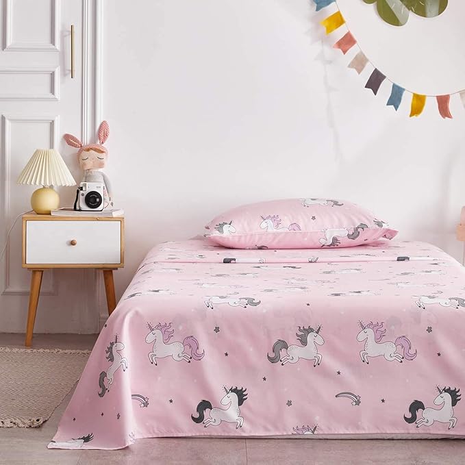 UOZZI BEDDING Bed in a Bag 6 Pieces Twin Size Unicorn Pink with Rainbow Star - Soft Microfiber, Reversible Bed Comforter Set (1 Comforter, 2 Pillow Shams, 1 Flat Sheet, 1 Fitted Sheet, 1 Pillowcases) - LeafyLoom