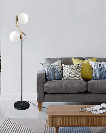 Hsyile Lighting KU300208 Modern Style Two Milky White Glass Orbs and Brass Finish Floor Lamp for Living Room,Bedroom,Office,Hotel,Light Pole and Base Black Finish - LeafyLoom