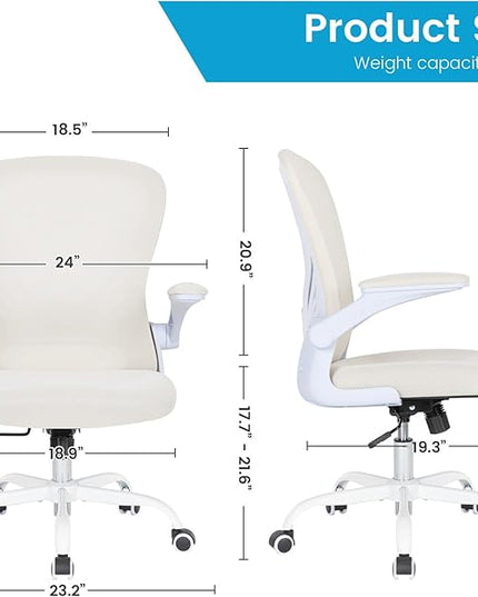 Desk Chair Mesh Office Chair with Flip-up Arms Mid Back Swivel Computer Chair Home Office Work Chair Girls Women's Desk Chair (White) - LeafyLoom