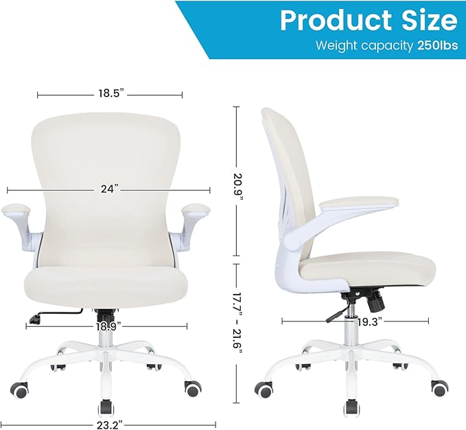 Desk Chair Mesh Office Chair with Flip-up Arms Mid Back Swivel Computer Chair Home Office Work Chair Girls Women's Desk Chair (White) - LeafyLoom