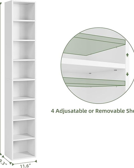 71 Inches Tall Narrow Bookshelf, 8-Tier CD DVD Slim Media Tower Rack, Corner Bookcase with Adjustable Shelves, Skinny Cubes Bookshelves for Home Office Small Space, White - LeafyLoom