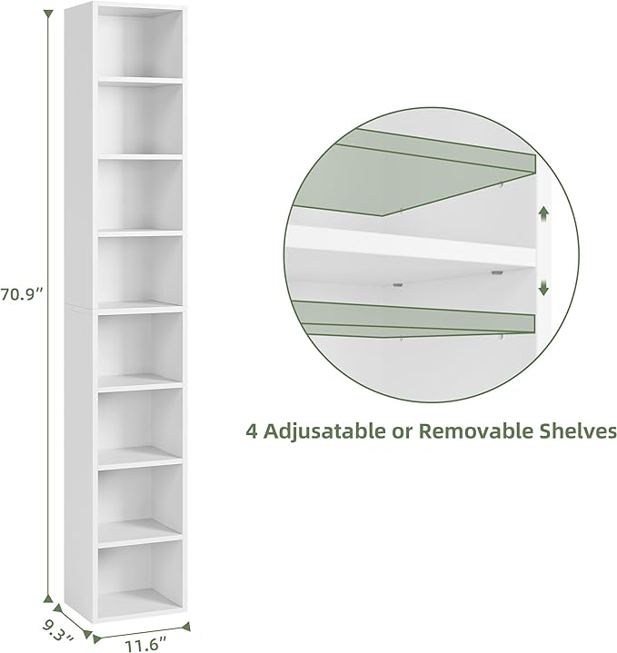 71 Inches Tall Narrow Bookshelf, 8-Tier CD DVD Slim Media Tower Rack, Corner Bookcase with Adjustable Shelves, Skinny Cubes Bookshelves for Home Office Small Space, White - LeafyLoom