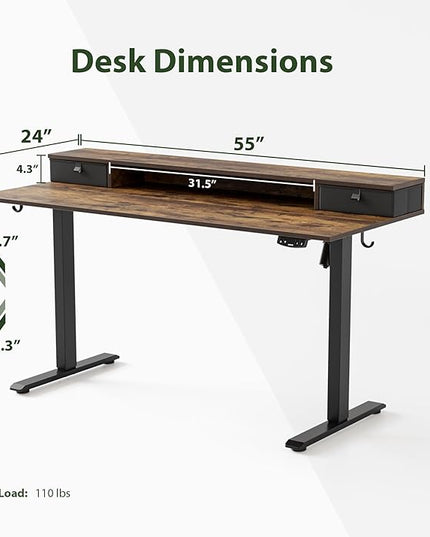 55 x 24 Inches Height Adjustable Electric Standing Desk with 2 Drawers, Stand Up Electric Desk Adjustable Height, Sit Stand Computer Gaming Table with Splice Board, Rustic Brown - LeafyLoom