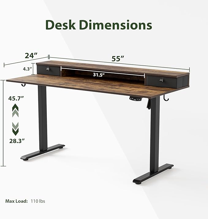 55 x 24 Inches Height Adjustable Electric Standing Desk with 2 Drawers, Stand Up Electric Desk Adjustable Height, Sit Stand Computer Gaming Table with Splice Board, Rustic Brown - LeafyLoom