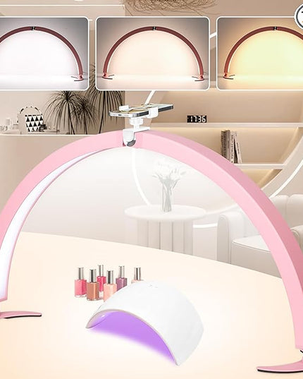HITTI Half Moon Light for Nail Desk with Phone Holder, Foldable Nail Tech Light, Lash Table Lamp with Wire Controller & Remote, 7 Color Modes 10 Brightness for Extension Tattoo Craft Beauty - Pink - LeafyLoom