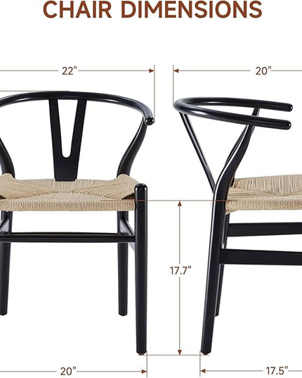 Farini Wishbone Chairs for Dining Room Solid Wood Rattan Chair Armchairs Y Shaped Backrest Hemp Seat for Home Restaurant Fully-Assembled(Set of 2,Black-Beige Seat) - LeafyLoom