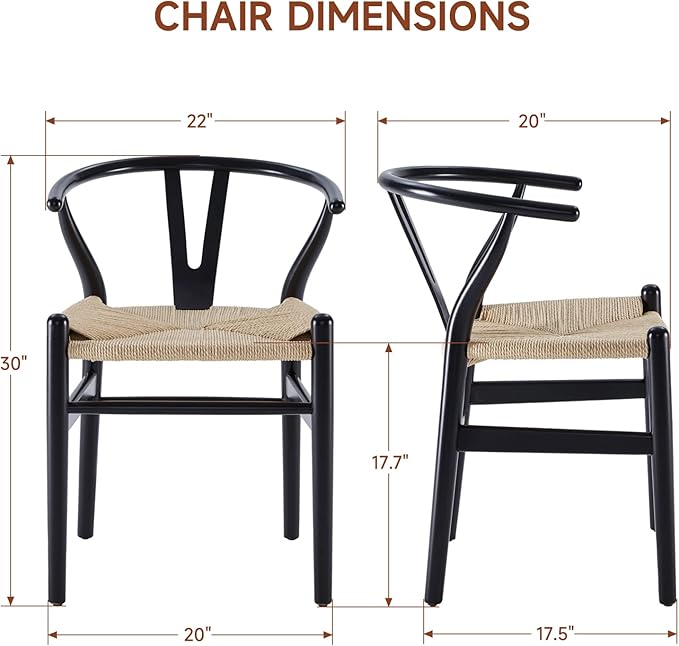 Farini Wishbone Chairs for Dining Room Solid Wood Rattan Chair Armchairs Y Shaped Backrest Hemp Seat for Home Restaurant Fully-Assembled(Set of 2,Black-Beige Seat) - LeafyLoom
