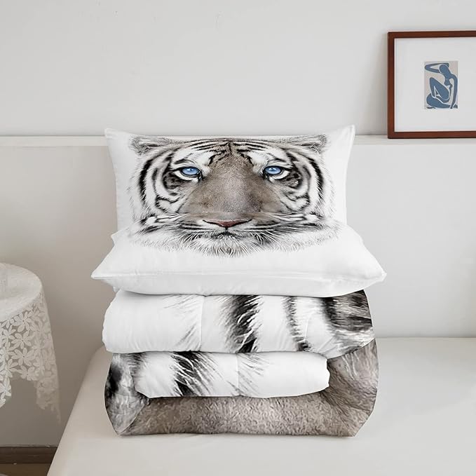 Erosebridal Boys Tiger Comforter Set King Size, Wild Animal Print Down Comforter for Boys Girls Teens Adult Bedroom, Grey Tiger Skin Duvet Insert Black White Stripe Bedding Comforters for Bedroom - LeafyLoom