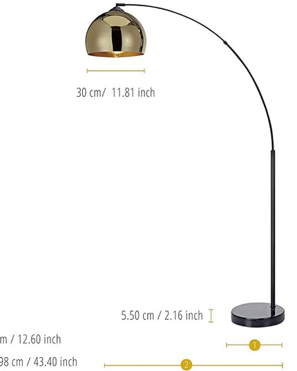 Teamson Home Arquer 66.93" Arc Floor Lamp for Living Rooms, Home Offices, Dining Rooms, Bedrooms with Faux Black Marble Base and Gold Bell Shade - LeafyLoom