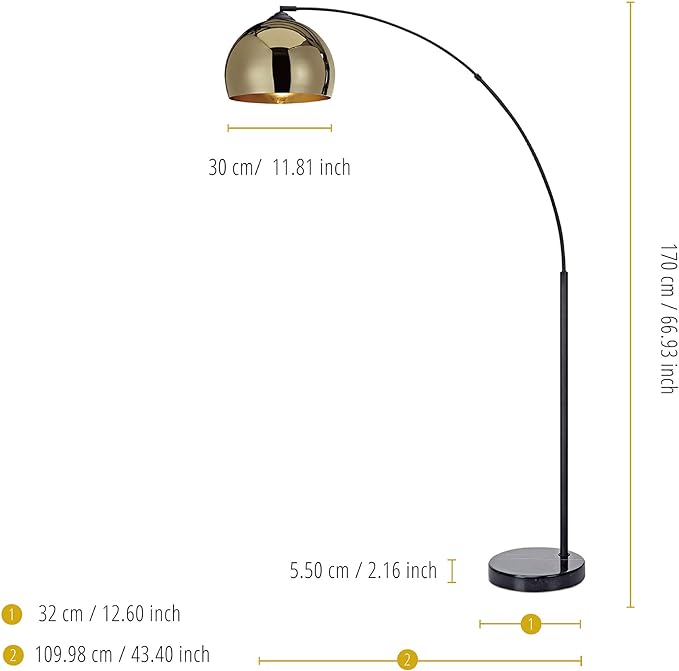 Teamson Home Arquer 66.93" Arc Floor Lamp for Living Rooms, Home Offices, Dining Rooms, Bedrooms with Faux Black Marble Base and Gold Bell Shade - LeafyLoom