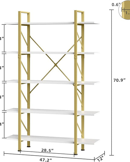 YITAHOME 5 Tier Gold Bookshelf, 70.9" Tall Modern Wide Bookcase, Open Storage Rack Shelves in Living Room/Bedroom/Home/Office, Books Holder Organizer for Books/Plants, Gold & White - LeafyLoom