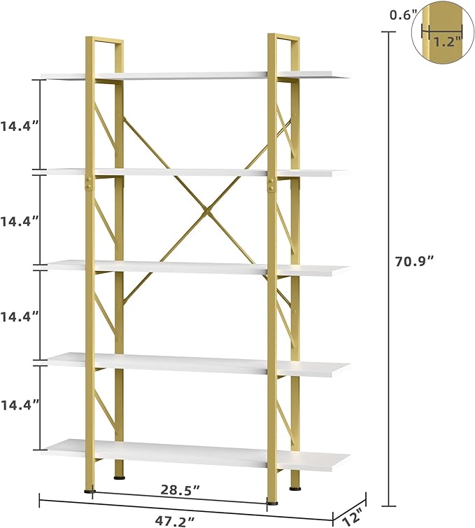 YITAHOME 5 Tier Gold Bookshelf, 70.9" Tall Modern Wide Bookcase, Open Storage Rack Shelves in Living Room/Bedroom/Home/Office, Books Holder Organizer for Books/Plants, Gold & White - LeafyLoom
