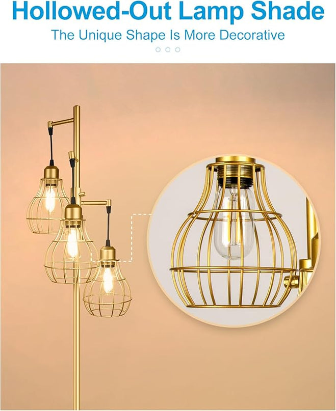 Lightdot 68IN Industrial Floor Lamp Dimmable (Brightness Adjustable), Farmhouse Tree Floor Lamp with E26 LED Edision Bulbs Included, 3-Light Tall Pole Standing Lamp for Living Room Bedroom-Gold - LeafyLoom