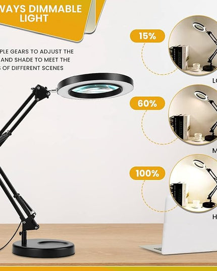 Magnifying Glass with Light and Stand - 2-in-1 Stepless Dimmable LED Magnifying Desk Lamp with Clamp - 3 Color Modes Lighted Magnifier Lens Swivel Arm Light for Reading, Craft, Close Works - LeafyLoom
