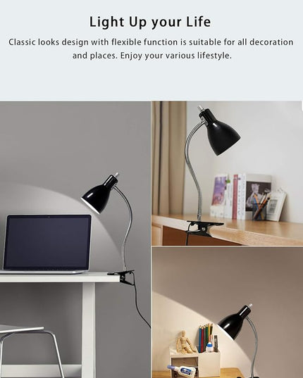 Desk lamp Eye-Caring Table Lamps, 360°Rotation Gooseneck Clip on Lamp Reading Light Portable Reading Book Light, Clamp Light, Study Desk Lamps for Bedroom and Office Home Lighting (Black) - LeafyLoom