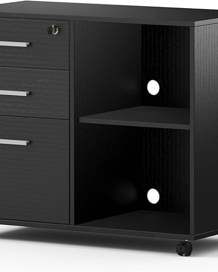 Maxtown Wood Filing Cabinet, Mobile Lateral Filing Cabinet with Lock, 3 Drawer Filing Cabinet with Open Storage Shelves, Printer Stand with Storage, Oak Grain - LeafyLoom