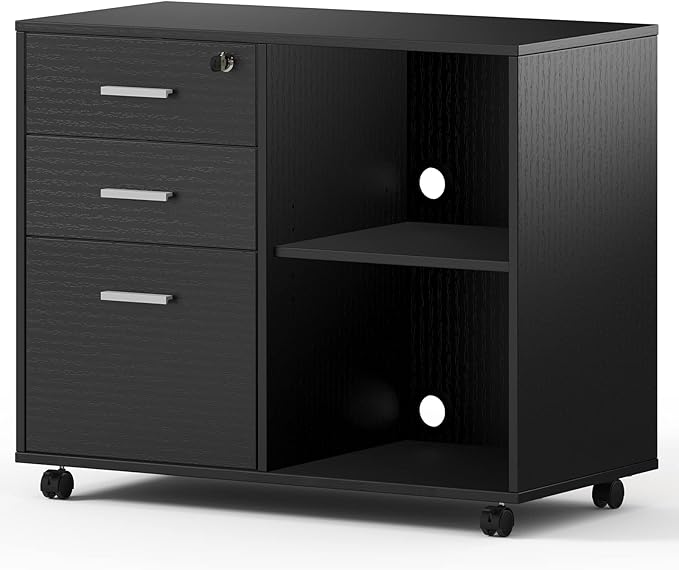 Maxtown Wood Filing Cabinet, Mobile Lateral Filing Cabinet with Lock, 3 Drawer Filing Cabinet with Open Storage Shelves, Printer Stand with Storage, Oak Grain - LeafyLoom