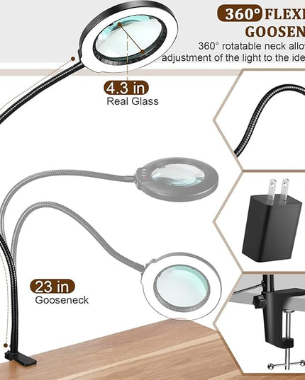VEEMAGNI 10X Magnifying Glass with Light and Clamp, 23" Gooseneck 5 Color Modes Stepless Dimmable LED Desk Lamp, Real Glass Table Lighted Magnifier Hands Free for Craft Painting Sewing Close Work - LeafyLoom