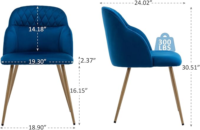 Velvet Dining Chairs Sets of 2, Modern Upholstered Accent Side Chairs with Arm Gold Metal Legs for Kitchen Living Bed Room, Blue - LeafyLoom