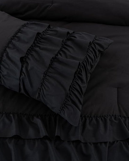 A Nice Night Waterfall Flutter Ruffle 3PCS Comforter Set,Chic Ruffled Textured Princess Bedding Set,Black,Twin - LeafyLoom