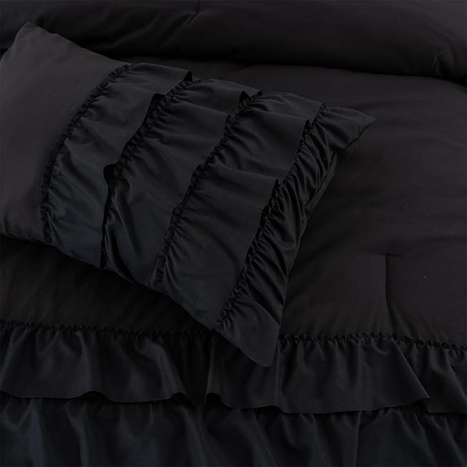 A Nice Night Waterfall Flutter Ruffle 3PCS Comforter Set,Chic Ruffled Textured Princess Bedding Set,Black,Twin - LeafyLoom